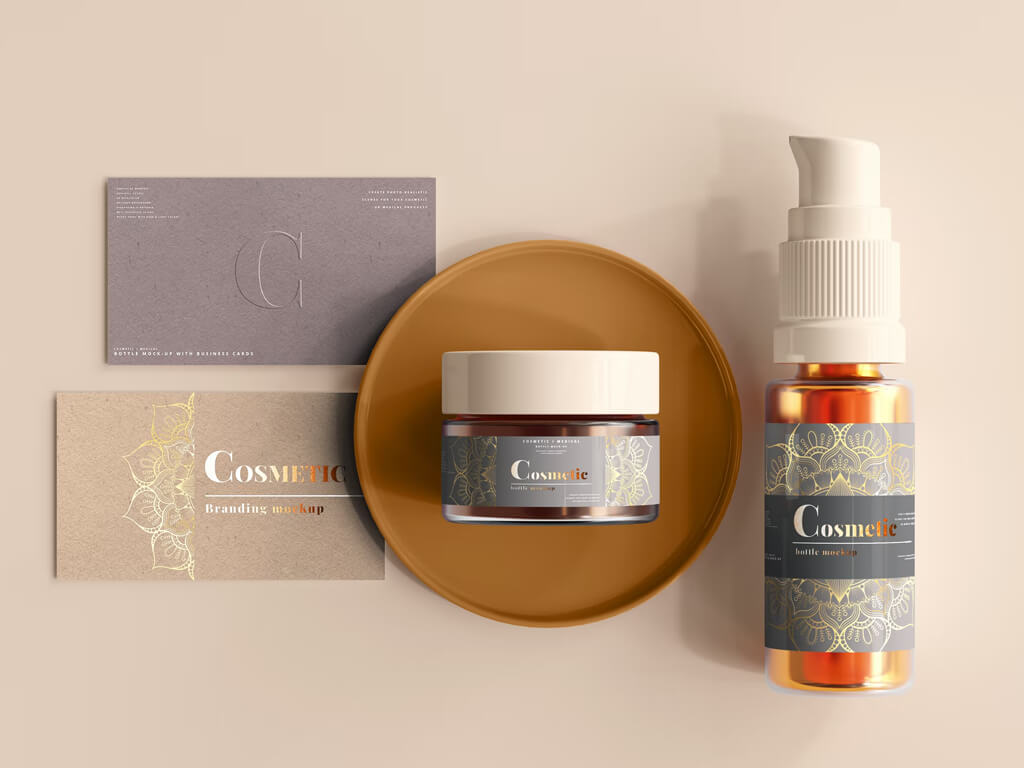 Cosmetic products including a jar, tube, and bottle with black and gold packaging